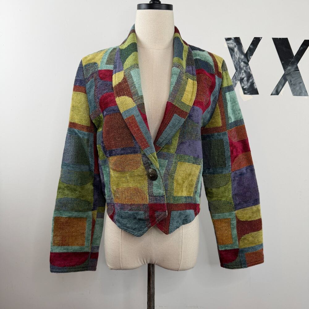 Vintage 90s Expose Chenille Tapestry Colorblock Shawl Collar Cropped Blazer S